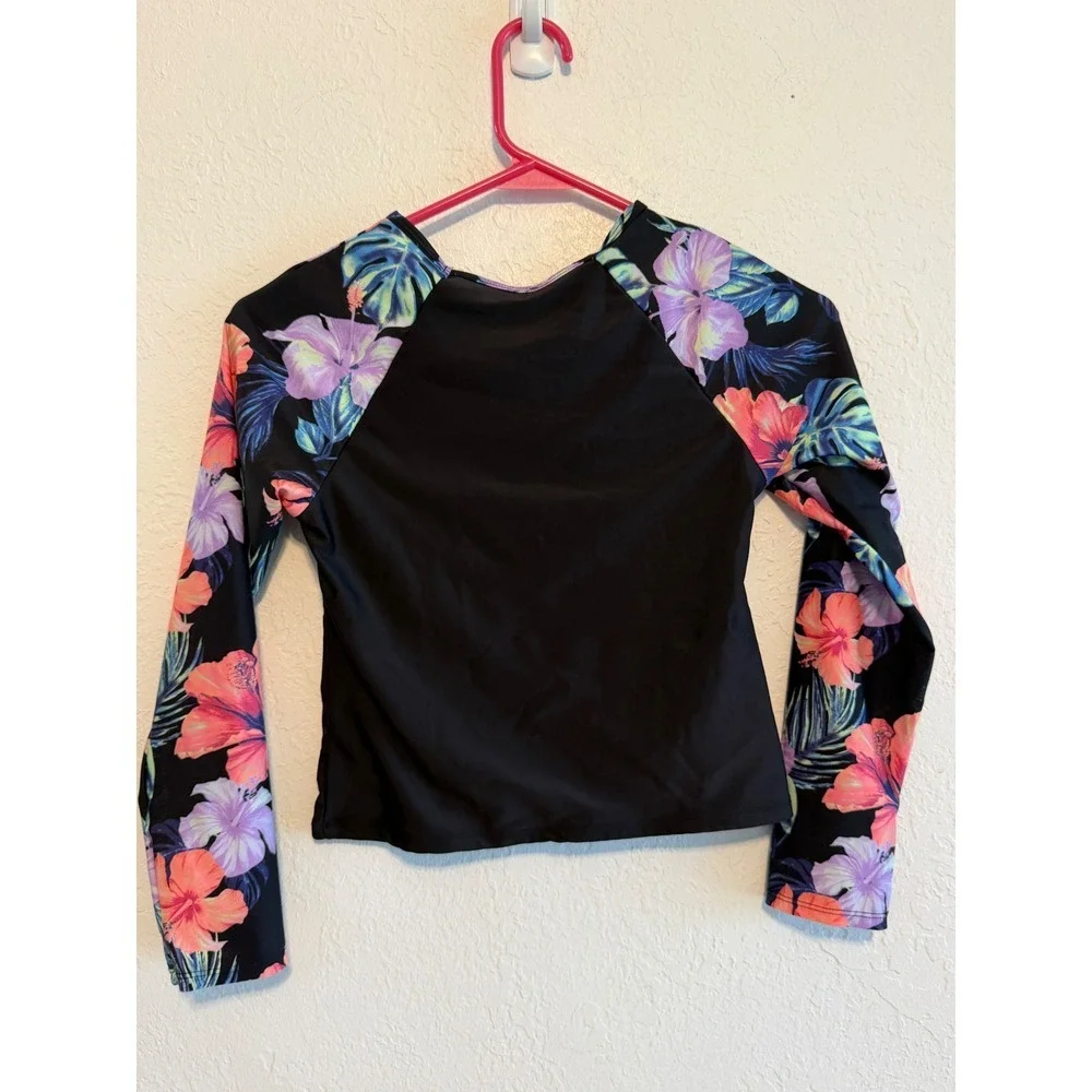 Justice Surf Girls Black Tropical Floral Long Sleeve Rash Guard Swim Top L 12/14